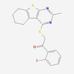 molecular formula C19H17FN2OS2 B381808 1-(2-Fluorophenyl)-2-[(2-methyl-5,6,7,8-tetrahydro-[1]benzothiolo[2,3-d]pyrimidin-4-yl)sulfanyl]ethanone CAS No. 315708-62-4