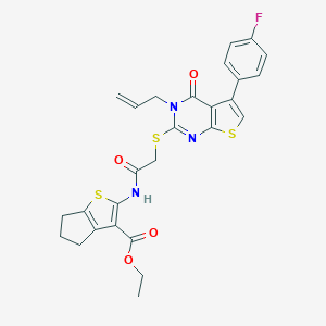 molecular formula C27H24FN3O4S3 B381814 ethyl 2-[({[3-allyl-5-(4-fluorophenyl)-4-oxo-3,4-dihydrothieno[2,3-d]pyrimidin-2-yl]sulfanyl}acetyl)amino]-5,6-dihydro-4H-cyclopenta[b]thiophene-3-carboxylate 