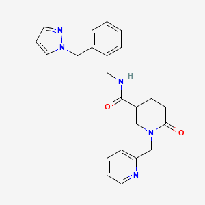 molecular formula C23H25N5O2 B3818379 6-oxo-N-[2-(1H-pyrazol-1-ylmethyl)benzyl]-1-(2-pyridinylmethyl)-3-piperidinecarboxamide 