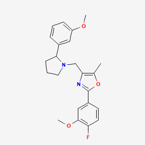 molecular formula C23H25FN2O3 B3819208 2-(4-fluoro-3-methoxyphenyl)-4-{[2-(3-methoxyphenyl)-1-pyrrolidinyl]methyl}-5-methyl-1,3-oxazole 