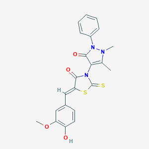 molecular formula C22H19N3O4S2 B381937 3-(1,5-dimethyl-3-oxo-2-phenyl-2,3-dihydro-1H-pyrazol-4-yl)-5-(4-hydroxy-3-methoxybenzylidene)-2-thioxo-1,3-thiazolidin-4-one 