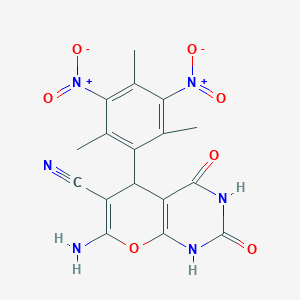 molecular formula C17H14N6O7 B3819392 7-amino-2,4-dioxo-5-(2,4,6-trimethyl-3,5-dinitrophenyl)-1,3,4,5-tetrahydro-2H-pyrano[2,3-d]pyrimidine-6-carbonitrile 