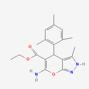 molecular formula C19H23N3O3 B3819406 ethyl 6-amino-4-mesityl-3-methyl-1,4-dihydropyrano[2,3-c]pyrazole-5-carboxylate 