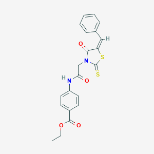 molecular formula C21H18N2O4S2 B381956 (E)-ethyl 4-(2-(5-benzylidene-4-oxo-2-thioxothiazolidin-3-yl)acetamido)benzoate CAS No. 303790-54-7