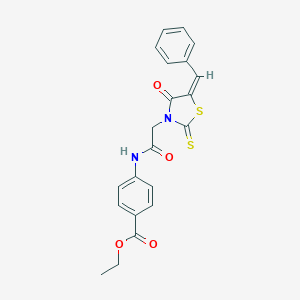 molecular formula C21H18N2O4S2 B381956 (E)-4-(2-(5-benzylidène-4-oxo-2-thioxothiazolidin-3-yl)acétamido)benzoate d'éthyle CAS No. 303790-54-7