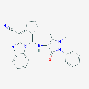 molecular formula C26H22N6O B382185 11-[(1,5-dimethyl-3-oxo-2-phenyl-2,3-dihydro-1H-pyrazol-4-yl)amino]-2,3-dihydro-1H-cyclopenta[4,5]pyrido[1,2-a]benzimidazole-4-carbonitrile 