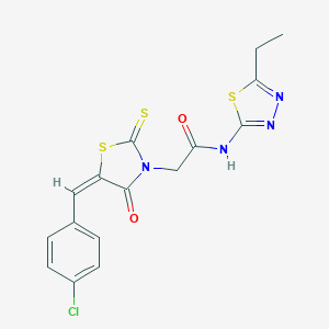 molecular formula C16H13ClN4O2S3 B382193 2-[5-(4-chlorobenzylidene)-4-oxo-2-thioxo-1,3-thiazolidin-3-yl]-N-(5-ethyl-1,3,4-thiadiazol-2-yl)acetamide 