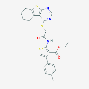 molecular formula C26H25N3O3S3 B382256 Ethyl 4-(4-methylphenyl)-2-{[(5,6,7,8-tetrahydro[1]benzothieno[2,3-d]pyrimidin-4-ylsulfanyl)acetyl]amino}-3-thiophenecarboxylate 