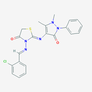 molecular formula C21H18ClN5O2S B382308 3-[(2-chlorobenzylidene)amino]-2-[(1,5-dimethyl-3-oxo-2-phenyl-2,3-dihydro-1H-pyrazol-4-yl)imino]-1,3-thiazolidin-4-one 