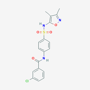 molecular formula C18H16ClN3O4S B382329 3-chloro-N-(4-{[(3,4-dimethyl-5-isoxazolyl)amino]sulfonyl}phenyl)benzamide CAS No. 301681-45-8