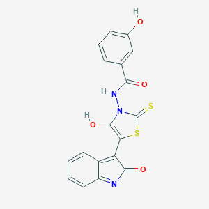 3-hydroxy-N-[(5Z)-4-oxo-5-(2-oxo-1H-indol-3-ylidene)-2-sulfanylidene-1,3-thiazolidin-3-yl]benzamide