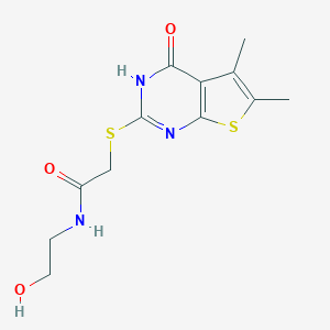 molecular formula C12H15N3O3S2 B382423 2-[(5,6-dimethyl-4-oxo-3,4-dihydrothieno[2,3-d]pyrimidin-2-yl)sulfanyl]-N-(2-hydroxyethyl)acetamide CAS No. 325476-35-5