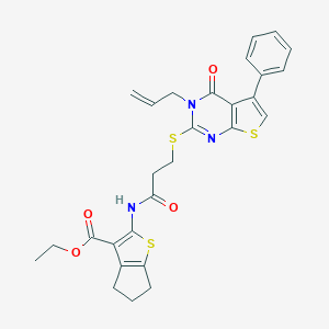 molecular formula C28H27N3O4S3 B382451 ethyl 2-({3-[(3-allyl-4-oxo-5-phenyl-3,4-dihydrothieno[2,3-d]pyrimidin-2-yl)sulfanyl]propanoyl}amino)-5,6-dihydro-4H-cyclopenta[b]thiophene-3-carboxylate 