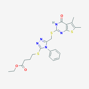 molecular formula C23H25N5O3S3 B382498 ethyl 4-[[5-[(5,6-dimethyl-4-oxo-3H-thieno[2,3-d]pyrimidin-2-yl)sulfanylmethyl]-4-phenyl-1,2,4-triazol-3-yl]sulfanyl]butanoate CAS No. 308298-14-8