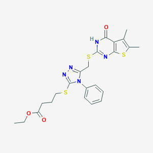 ethyl 4-[[5-[(5,6-dimethyl-4-oxo-3H-thieno[2,3-d]pyrimidin-2-yl)sulfanylmethyl]-4-phenyl-1,2,4-triazol-3-yl]sulfanyl]butanoate