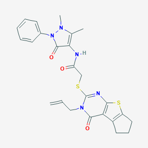 molecular formula C25H25N5O3S2 B382503 2-[(3-allyl-4-oxo-3,5,6,7-tetrahydro-4H-cyclopenta[4,5]thieno[2,3-d]pyrimidin-2-yl)thio]-N-(1,5-dimethyl-3-oxo-2-phenyl-2,3-dihydro-1H-pyrazol-4-yl)acetamide 