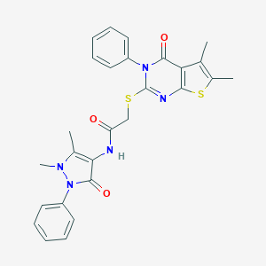 molecular formula C27H25N5O3S2 B382504 N-(1,5-dimethyl-3-oxo-2-phenylpyrazol-4-yl)-2-(5,6-dimethyl-4-oxo-3-phenylthieno[2,3-d]pyrimidin-2-yl)sulfanylacetamide CAS No. 379249-16-8