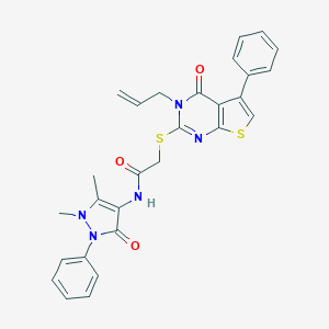 molecular formula C28H25N5O3S2 B382506 N-(1,5-dimethyl-3-oxo-2-phenylpyrazol-4-yl)-2-(4-oxo-5-phenyl-3-prop-2-enylthieno[2,3-d]pyrimidin-2-yl)sulfanylacetamide CAS No. 379249-25-9