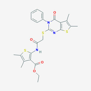 molecular formula C25H25N3O4S3 B382519 Ethyl 2-({[(5,6-dimethyl-4-oxo-3-phenyl-3,4-dihydrothieno[2,3-d]pyrimidin-2-yl)sulfanyl]acetyl}amino)-4,5-dimethylthiophene-3-carboxylate 