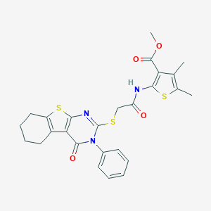 molecular formula C26H25N3O4S3 B382527 Methyl 4,5-dimethyl-2-({[(4-oxo-3-phenyl-3,4,5,6,7,8-hexahydro[1]benzothieno[2,3-d]pyrimidin-2-yl)sulfanyl]acetyl}amino)thiophene-3-carboxylate 