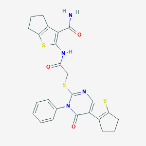 molecular formula C25H22N4O3S3 B382531 2-({[(4-oxo-3-phenyl-3,5,6,7-tetrahydro-4H-cyclopenta[4,5]thieno[2,3-d]pyrimidin-2-yl)sulfanyl]acetyl}amino)-5,6-dihydro-4H-cyclopenta[b]thiophene-3-carboxamide 