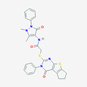 molecular formula C28H25N5O3S2 B382536 N-(1,5-dimethyl-3-oxo-2-phenyl-2,3-dihydro-1H-pyrazol-4-yl)-2-[(4-oxo-3-phenyl-3,5,6,7-tetrahydro-4H-cyclopenta[4,5]thieno[2,3-d]pyrimidin-2-yl)sulfanyl]acetamide 