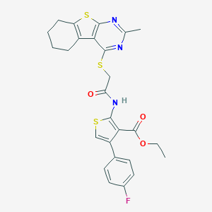 molecular formula C26H24FN3O3S3 B382588 Ethyl 4-(4-fluorophenyl)-2-({[(2-methyl-5,6,7,8-tetrahydro[1]benzothieno[2,3-d]pyrimidin-4-yl)sulfanyl]acetyl}amino)-3-thiophenecarboxylate 