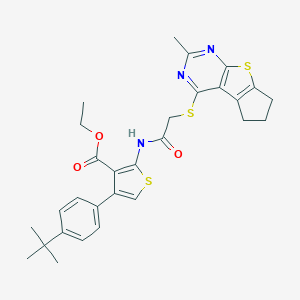 molecular formula C29H31N3O3S3 B382597 ethyl 4-(4-tert-butylphenyl)-2-({[(2-methyl-6,7-dihydro-5H-cyclopenta[4,5]thieno[2,3-d]pyrimidin-4-yl)sulfanyl]acetyl}amino)-3-thiophenecarboxylate 