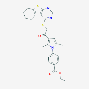 molecular formula C27H27N3O3S2 B382634 ethyl 4-{2,5-dimethyl-3-[(5,6,7,8-tetrahydro[1]benzothieno[2,3-d]pyrimidin-4-ylsulfanyl)acetyl]-1H-pyrrol-1-yl}benzoate 