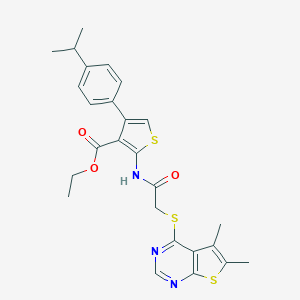 molecular formula C26H27N3O3S3 B382636 Ethyl 2-({[(5,6-dimethylthieno[2,3-d]pyrimidin-4-yl)sulfanyl]acetyl}amino)-4-(4-isopropylphenyl)thiophene-3-carboxylate 