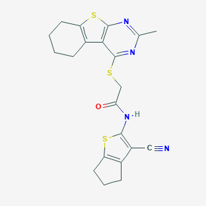 molecular formula C21H20N4OS3 B382643 N-(3-cyano-5,6-dihydro-4H-cyclopenta[b]thiophen-2-yl)-2-[(2-methyl-5,6,7,8-tetrahydro-[1]benzothiolo[2,3-d]pyrimidin-4-yl)sulfanyl]acetamide CAS No. 379245-11-1