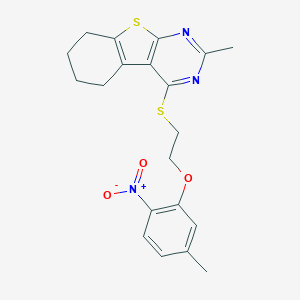 molecular formula C20H21N3O3S2 B382644 4-[(2-{2-Nitro-5-methylphenoxy}ethyl)sulfanyl]-2-methyl-5,6,7,8-tetrahydro[1]benzothieno[2,3-d]pyrimidine 