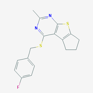 molecular formula C17H15FN2S2 B382646 4-[(4-fluorobenzyl)sulfanyl]-2-methyl-6,7-dihydro-5H-cyclopenta[4,5]thieno[2,3-d]pyrimidine 