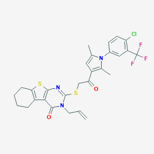 molecular formula C28H25ClF3N3O2S2 B382662 3-allyl-2-[(2-{1-[4-chloro-3-(trifluoromethyl)phenyl]-2,5-dimethyl-1H-pyrrol-3-yl}-2-oxoethyl)sulfanyl]-5,6,7,8-tetrahydro[1]benzothieno[2,3-d]pyrimidin-4(3H)-one 