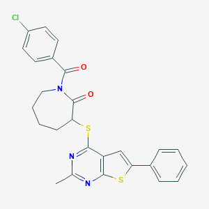 molecular formula C26H22ClN3O2S2 B382695 1-(4-Chlorobenzoyl)-3-((2-methyl-6-phenylthieno[2,3-d]pyrimidin-4-yl)thio)azepan-2-one 