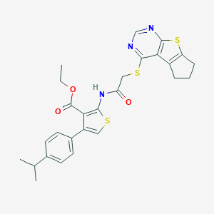 molecular formula C27H27N3O3S3 B382696 Ethyl 2-{[(6,7-dihydro-5H-cyclopenta[4,5]thieno[2,3-D]pyrimidin-4-ylsulfanyl)acetyl]amino}-4-(4-isopropylphenyl)-3-thiophenecarboxylate 