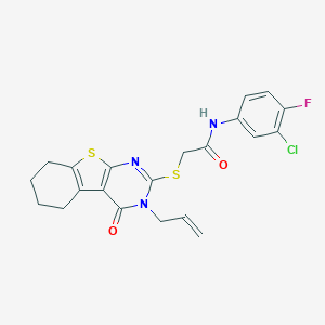 molecular formula C21H19ClFN3O2S2 B382697 N-(3-chloro-4-fluorophenyl)-2-[(4-oxo-3-prop-2-enyl-5,6,7,8-tetrahydro-[1]benzothiolo[2,3-d]pyrimidin-2-yl)sulfanyl]acetamide CAS No. 379244-14-1