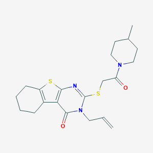molecular formula C21H27N3O2S2 B382704 2-[2-(4-Methylpiperidin-1-yl)-2-oxoethyl]sulfanyl-3-prop-2-enyl-5,6,7,8-tetrahydro-[1]benzothiolo[2,3-d]pyrimidin-4-one CAS No. 379242-09-8