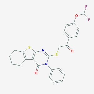 molecular formula C25H20F2N2O3S2 B382705 2-({2-[4-(difluoromethoxy)phenyl]-2-oxoethyl}sulfanyl)-3-phenyl-5,6,7,8-tetrahydro[1]benzothieno[2,3-d]pyrimidin-4(3H)-one 