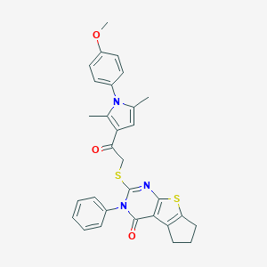 molecular formula C30H27N3O3S2 B382706 2-({2-[1-(4-methoxyphenyl)-2,5-dimethyl-1H-pyrrol-3-yl]-2-oxoethyl}thio)-3-phenyl-3,5,6,7-tetrahydro-4H-cyclopenta[4,5]thieno[2,3-d]pyrimidin-4-one 