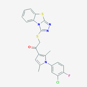 molecular formula C22H16ClFN4OS2 B382707 1-[1-(3-chloro-4-fluorophenyl)-2,5-dimethyl-1H-pyrrol-3-yl]-2-([1,2,4]triazolo[3,4-b][1,3]benzothiazol-3-ylthio)ethanone 