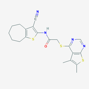 molecular formula C20H20N4OS3 B382709 N-(3-cyano-5,6,7,8-tetrahydro-4H-cyclohepta[b]thiophen-2-yl)-2-(5,6-dimethylthieno[2,3-d]pyrimidin-4-yl)sulfanylacetamide CAS No. 379243-84-2