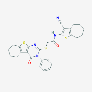 molecular formula C28H26N4O2S3 B382715 N-(3-cyano-5,6,7,8-tetrahydro-4H-cyclohepta[b]thien-2-yl)-2-[(4-oxo-3-phenyl-3,4,5,6,7,8-hexahydro[1]benzothieno[2,3-d]pyrimidin-2-yl)sulfanyl]acetamide 