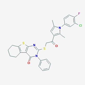 molecular formula C30H25ClFN3O2S2 B382719 2-({2-[1-(3-chloro-4-fluorophenyl)-2,5-dimethyl-1H-pyrrol-3-yl]-2-oxoethyl}sulfanyl)-3-phenyl-5,6,7,8-tetrahydro[1]benzothieno[2,3-d]pyrimidin-4(3H)-one 
