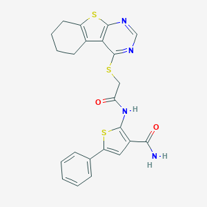 molecular formula C23H20N4O2S3 B382722 5-Phenyl-2-[[2-(5,6,7,8-tetrahydro-[1]benzothiolo[2,3-d]pyrimidin-4-ylsulfanyl)acetyl]amino]thiophene-3-carboxamide CAS No. 315709-39-8
