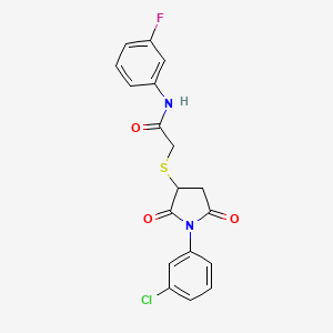 molecular formula C18H14ClFN2O3S B3827915 2-{[1-(3-chlorophenyl)-2,5-dioxo-3-pyrrolidinyl]thio}-N-(3-fluorophenyl)acetamide 