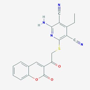 molecular formula C20H14N4O3S B3828135 2-amino-4-ethyl-6-{[2-oxo-2-(2-oxo-2H-chromen-3-yl)ethyl]thio}-3,5-pyridinedicarbonitrile 