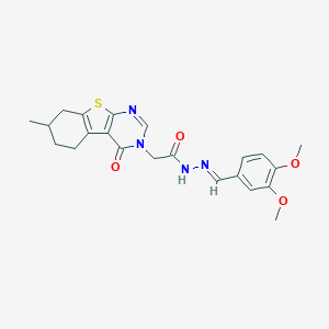 molecular formula C22H24N4O4S B382827 N'-(3,4-dimethoxybenzylidene)-2-(7-methyl-4-oxo-5,6,7,8-tetrahydro[1]benzothieno[2,3-d]pyrimidin-3(4H)-yl)acetohydrazide CAS No. 329227-49-8
