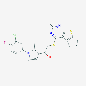 molecular formula C24H21ClFN3OS2 B382865 1-[1-(3-chloro-4-fluorophenyl)-2,5-dimethyl-1H-pyrrol-3-yl]-2-[(2-methyl-6,7-dihydro-5H-cyclopenta[4,5]thieno[2,3-d]pyrimidin-4-yl)sulfanyl]ethanone 