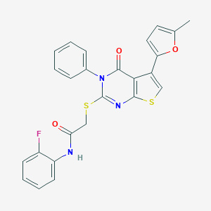 molecular formula C25H18FN3O3S2 B382919 N-(2-fluorophenyl)-2-[5-(5-methylfuran-2-yl)-4-oxo-3-phenylthieno[2,3-d]pyrimidin-2-yl]sulfanylacetamide CAS No. 379241-63-1